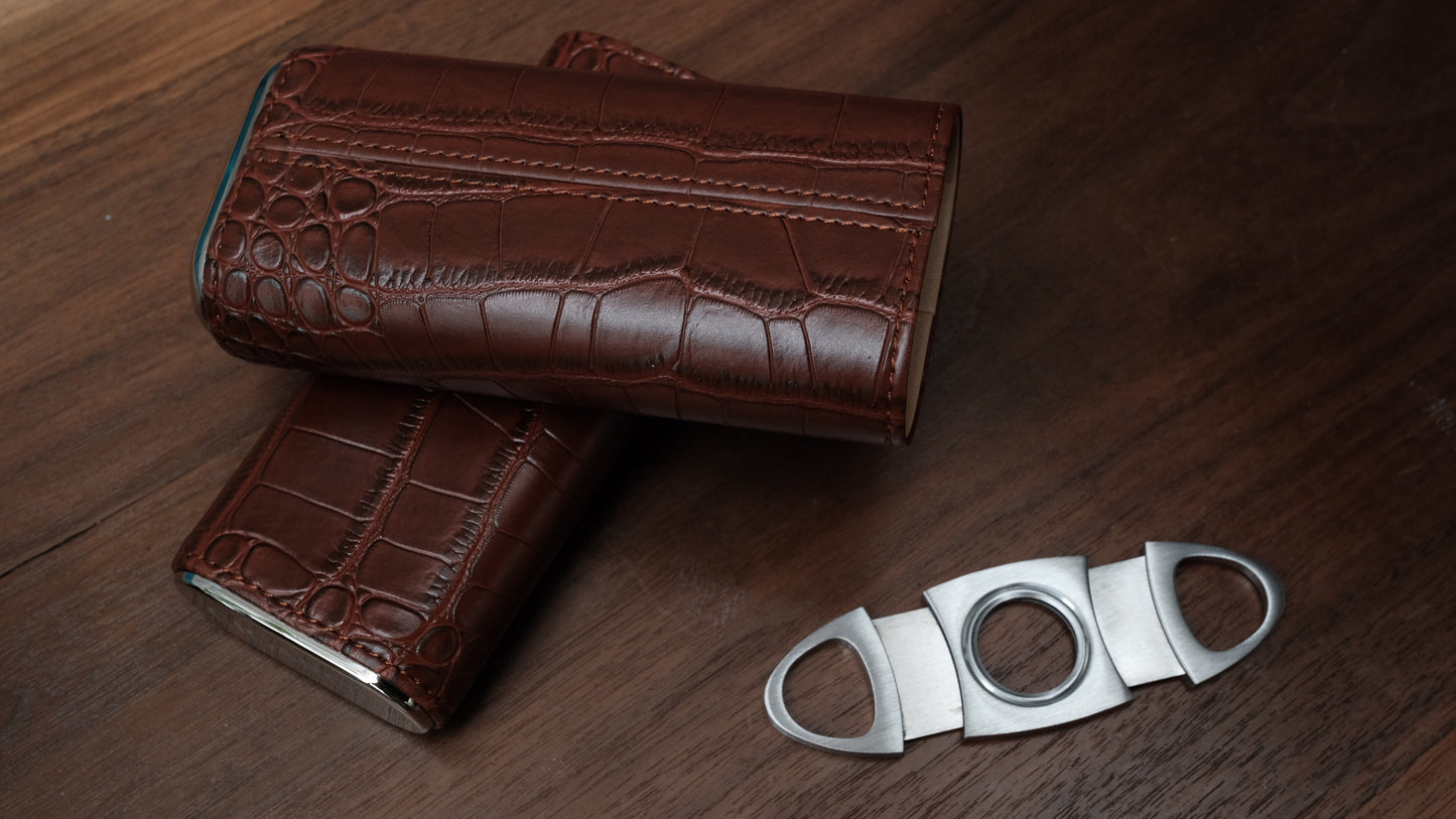 Brown Alligator Metal Top Cigar Case with Cutter