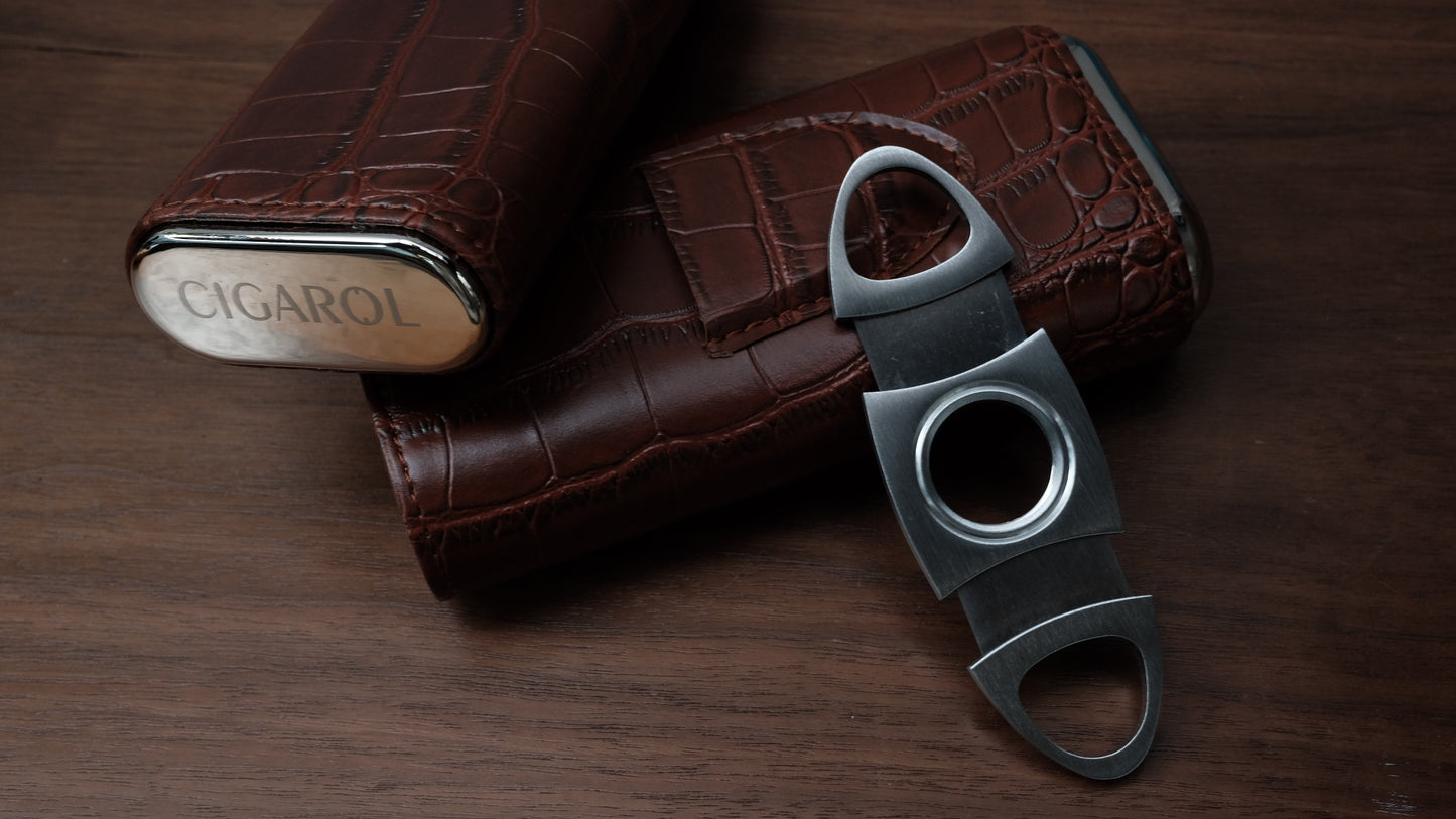 Brown Alligator Metal Top Cigar Case with Cutter
