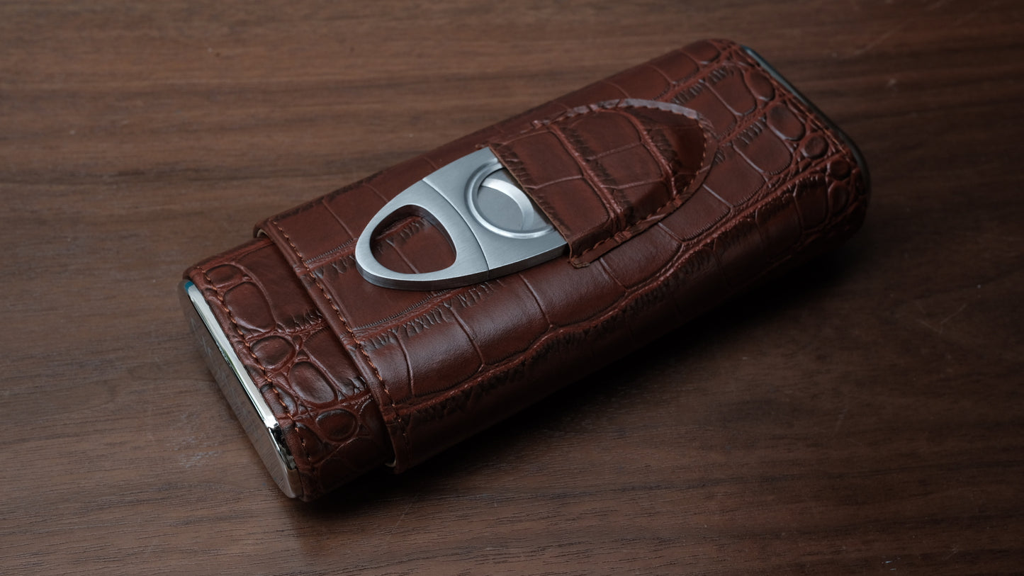 Brown Alligator Metal Top Cigar Case with Cutter